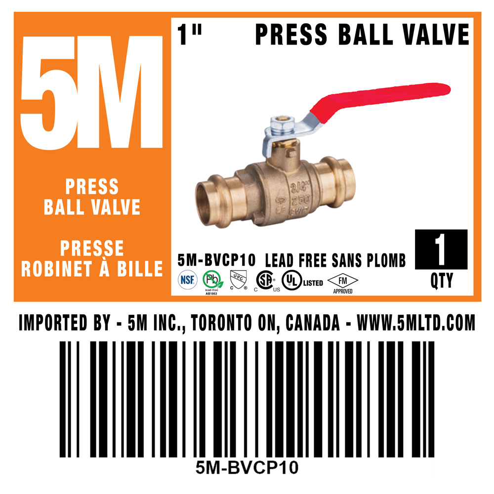 5M- RED 1" Press Ball Valve LF  - 5M-BVCP10 - additional view