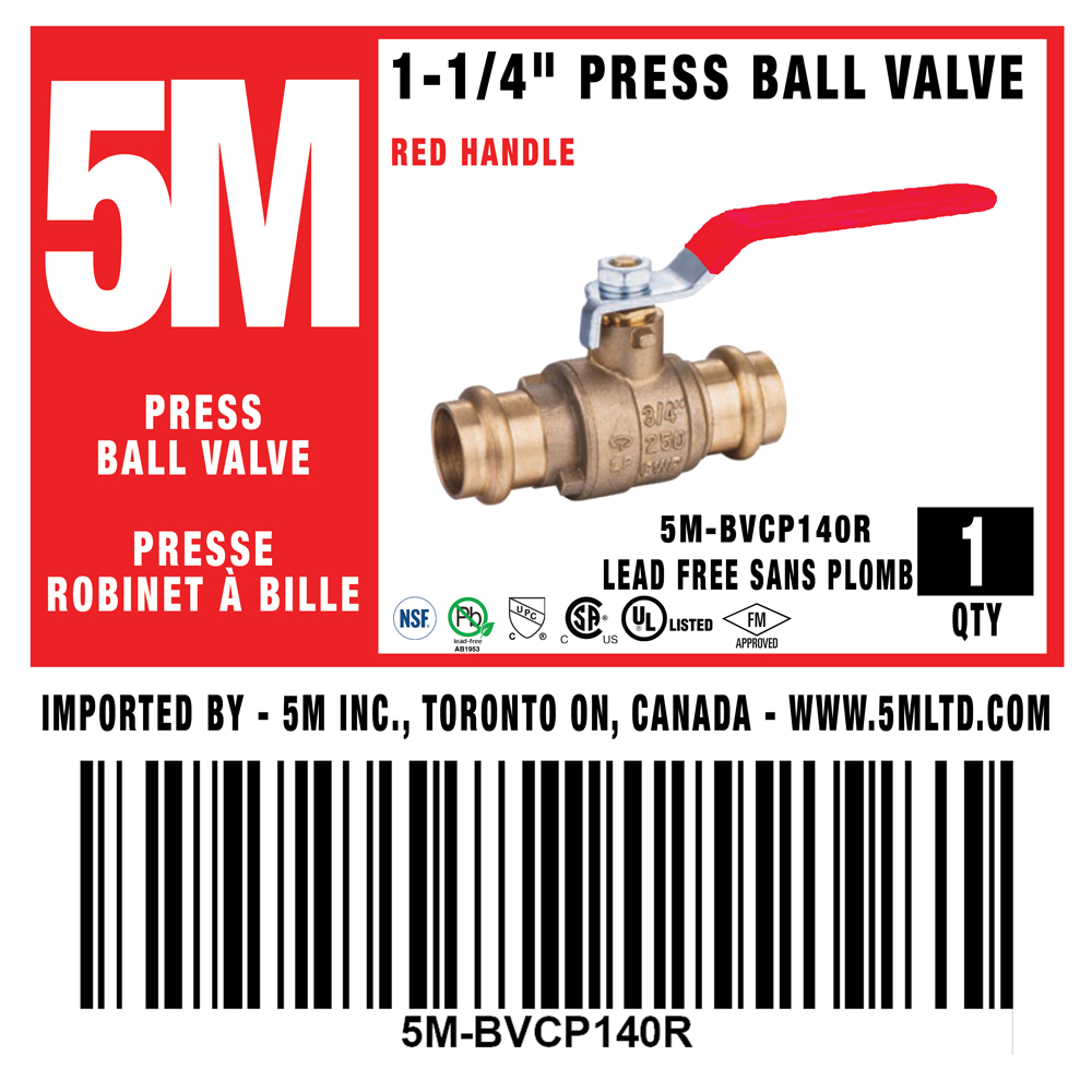 5M- RED 1-1/4" Press Ball Valve LF  - 5M-BVCP140R - additional view
