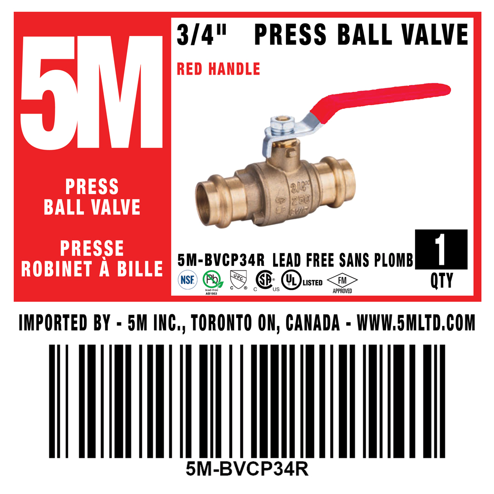 5M- RED 3/4" Press Ball Valve LF  - 5M-BVCP340R - additional view