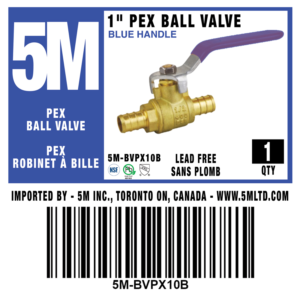 5M- BLUE PEX BALL VALVE LEAD FREE 1" X 1" -5M-BVPX10B - additional view