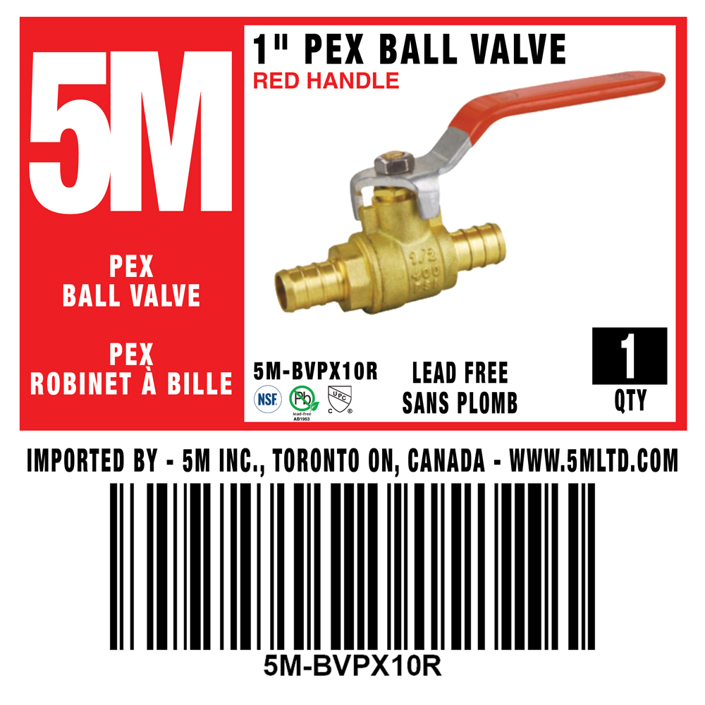 5M- RED PEX BALL VALVE LEAD FREE 1" X 1"-5M-BVPX10R - additional view