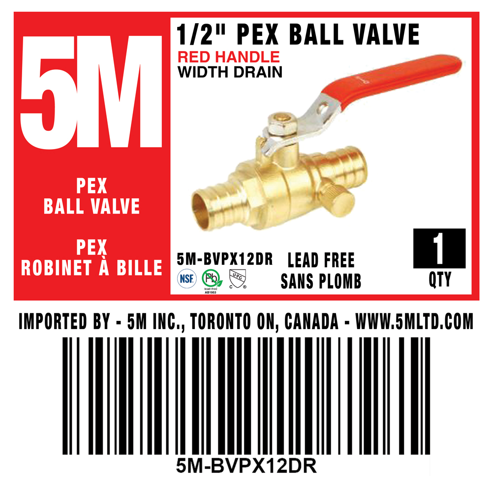 5M- RED PEX BALL VALVE LEAD FREE 1/2" X 1/2" W/Drain- 5M-BVPX12DR - additional view