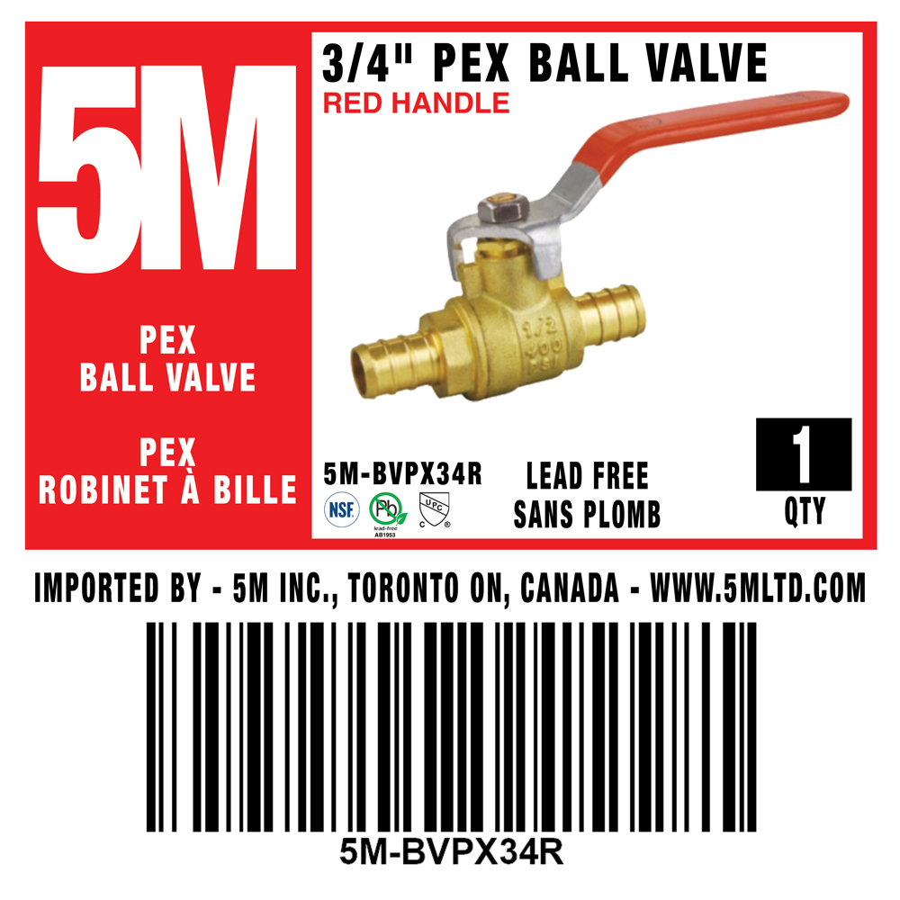 5M- RED PEX BALL VALVE LEAD FREE 3/4" X 3/4"-5M-BVPX34R - additional view