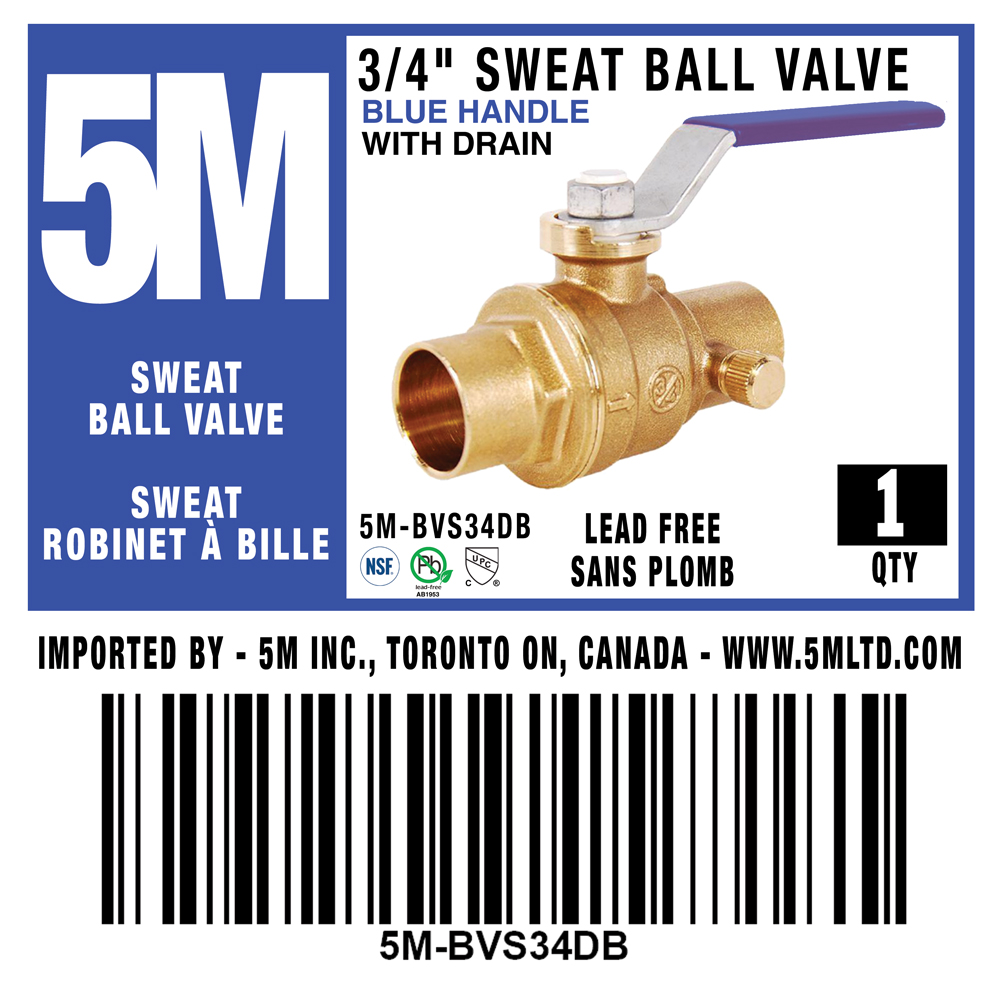 5M- 3/4" SWEAT BALL VALVE LEAD FREE WITH DRAIN  - BLUE HANDLE -5M-BVS34DB - additional view