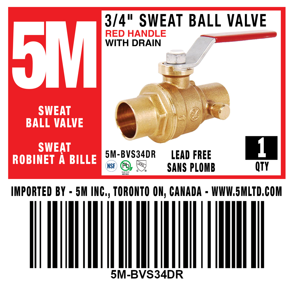 5M- 3/4" SWEAT BALL VALVE LEAD FREE WITH DRAIN  - RED HANDLE -5M-BVS34DR - additional view