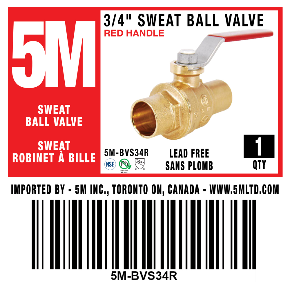 5M- 3/4" Sweat Ball Valve LF  - RED HANDLE - 5M-BVS34R - additional view