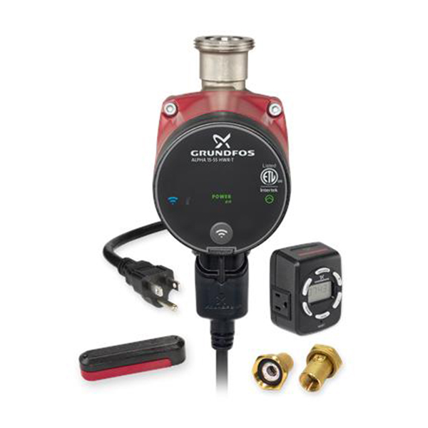 GRUNDFOS - HOT WATER RECIRCULATION SYSTEMS ALPHA 15-55 HWR-T 115 Bronze, union 3/4" iso valve, check valve, wireless aquastat, programmable digital timer and half union set - 99906545 - additional view