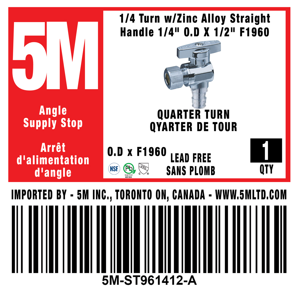 1/4 TURN ANGLE STOP VALVE 1/2"F1960 x 1/4" OD