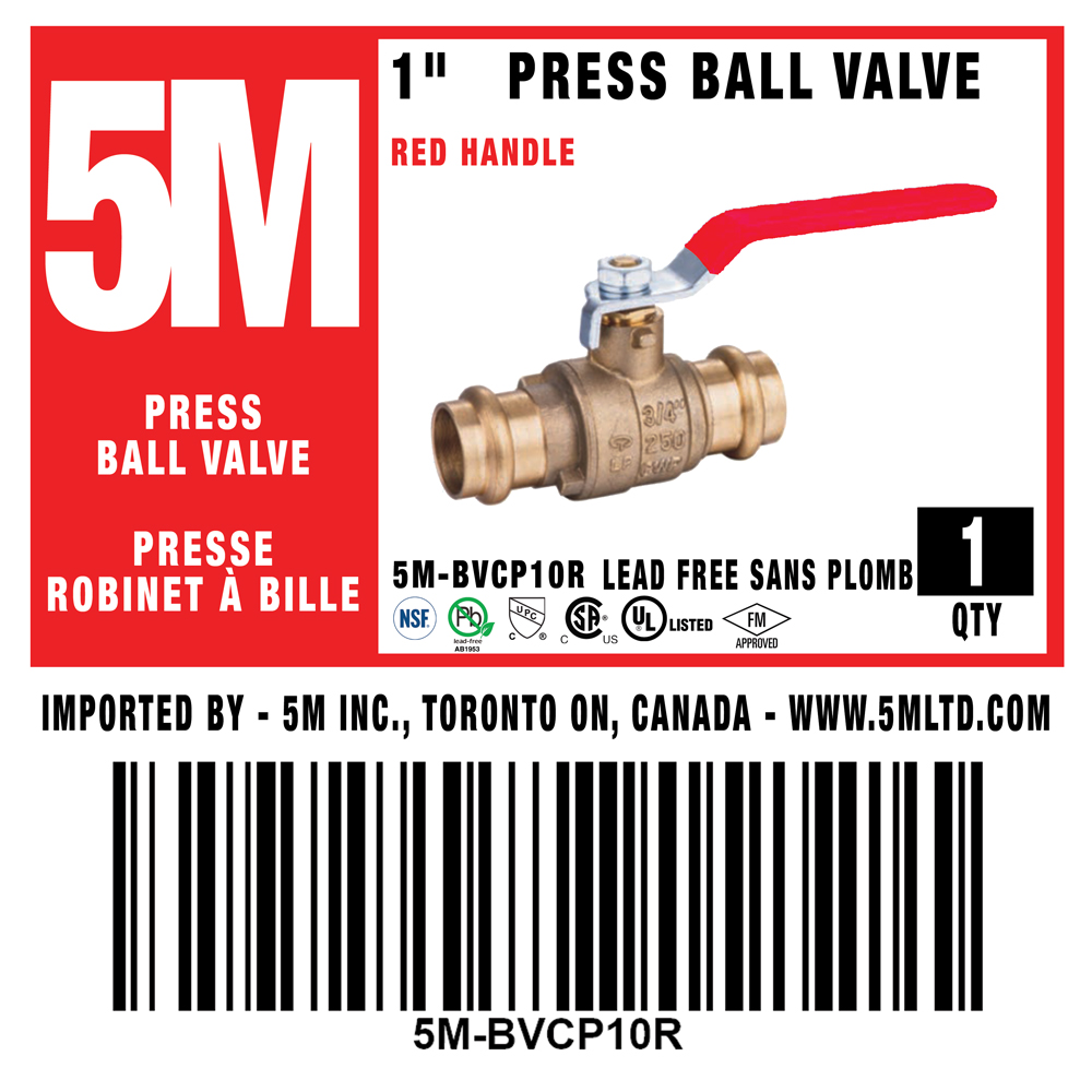 5M- RED 1" Press Ball Valve LF  - 5M-BVCP100R
