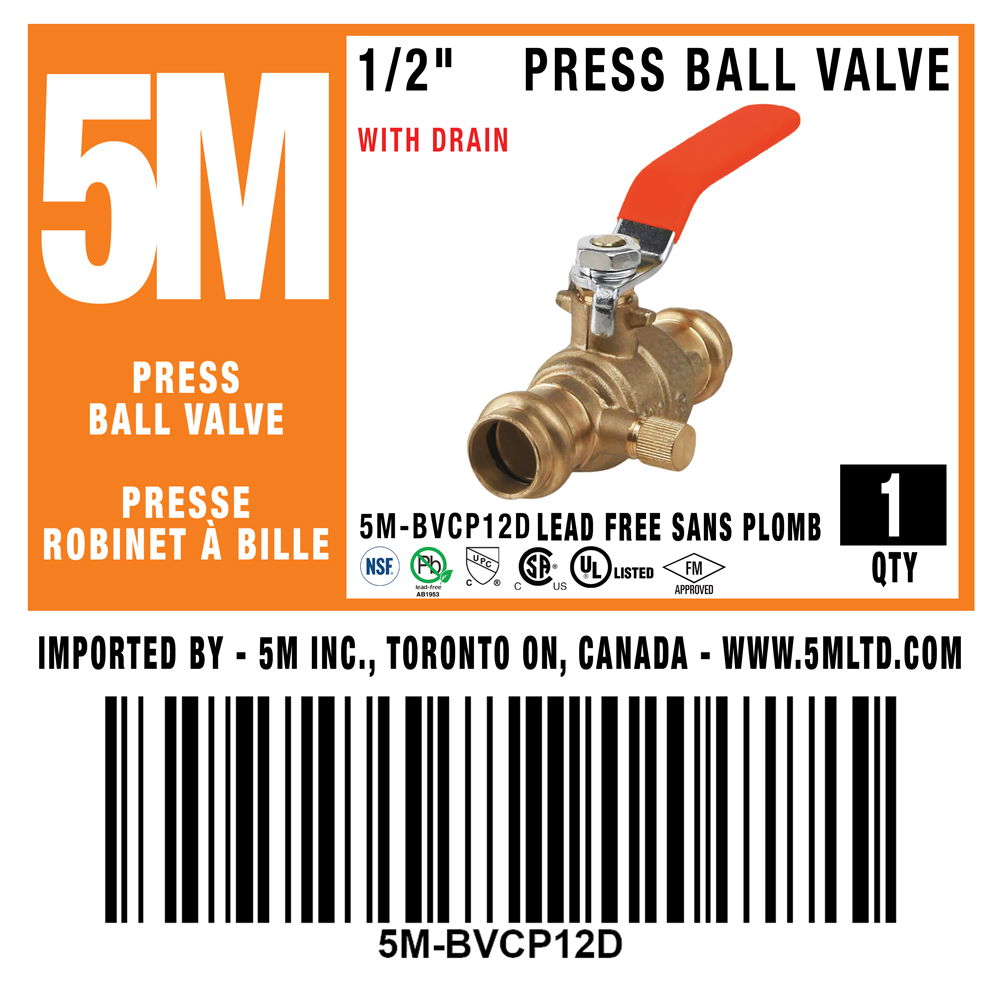 5M- 1/2" Press Ball Valve LF  With Drain  - 5M-BVCP12D