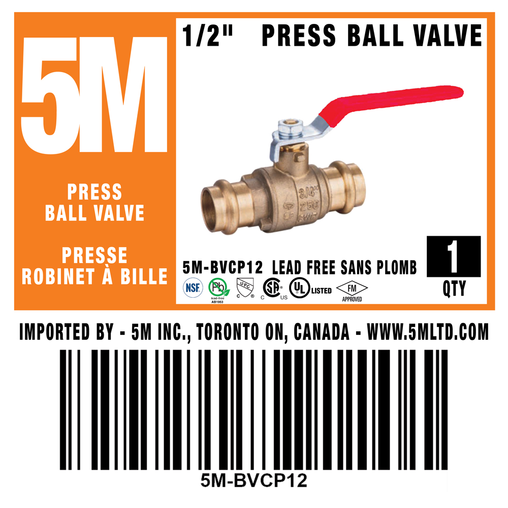 5M- 1/2" Press Ball Valve LF  - 5M-BVCP12