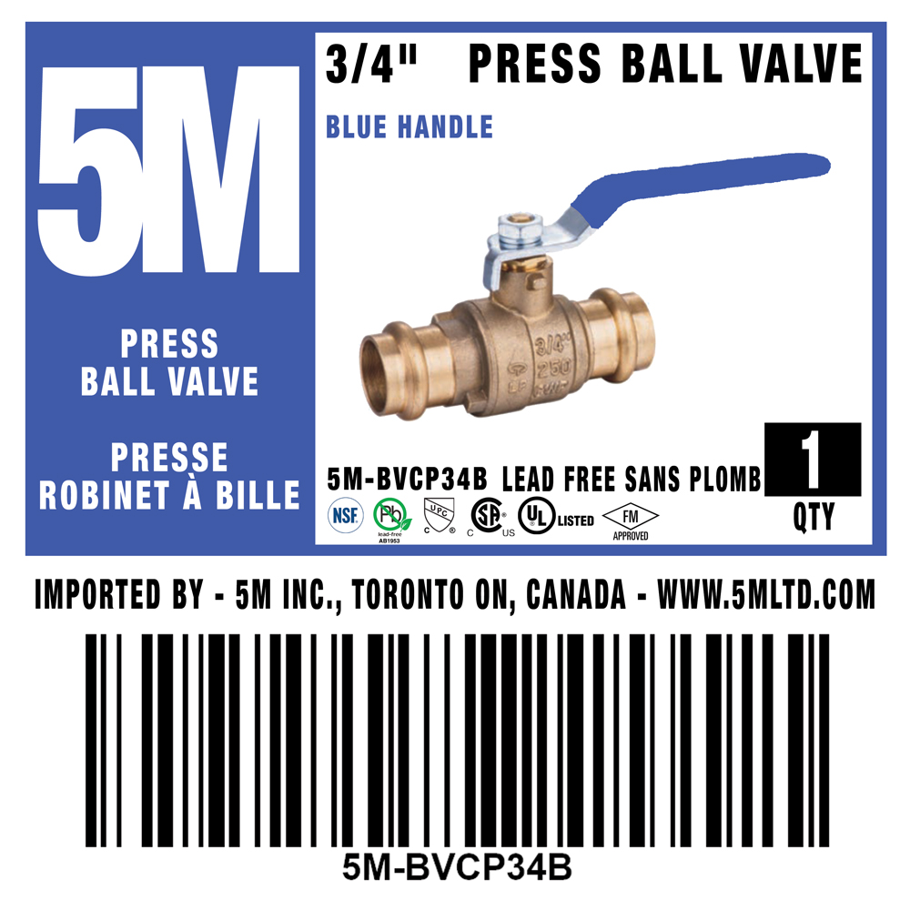 5M- BLUE 3/4" Press Ball Valve LF  - 5M-BVCP340B