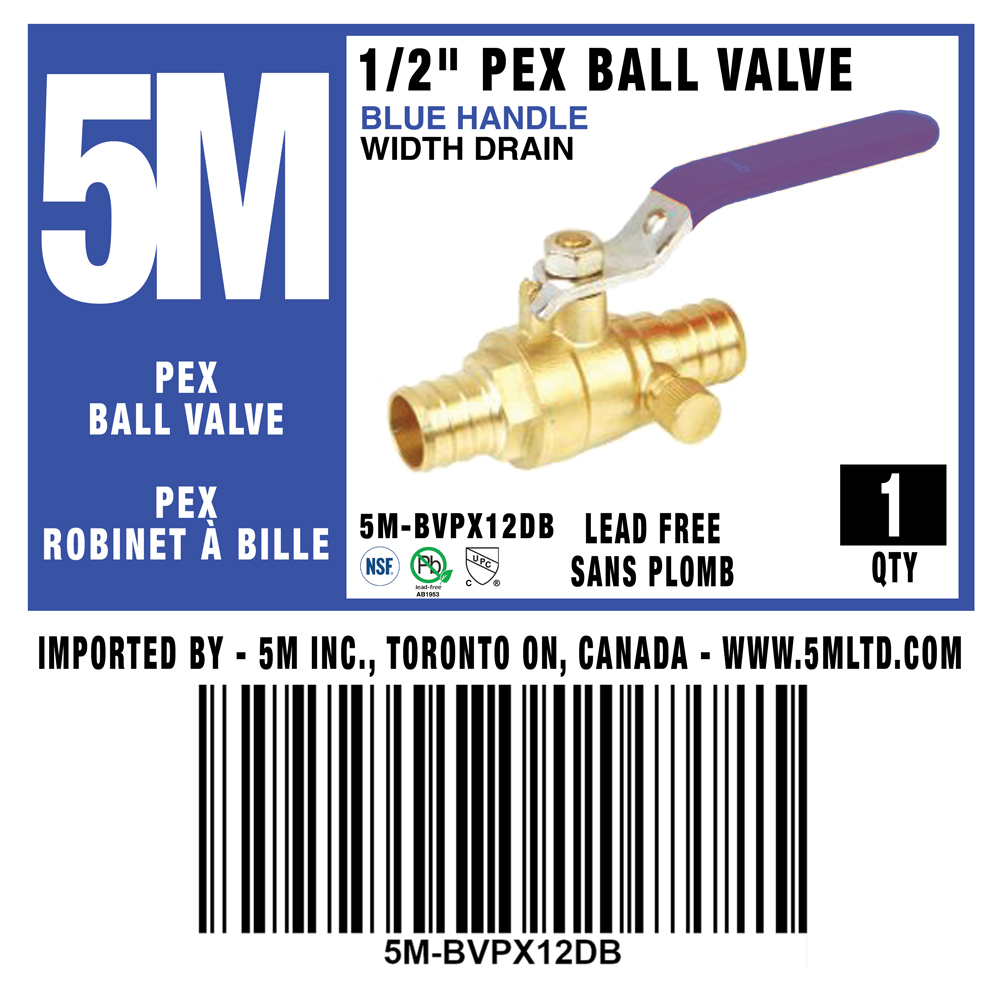 5M- BLUE PEX BALL VALVE LEAD FREE 1/2" X 1/2" W/Drain- 5M-BVPX12DB