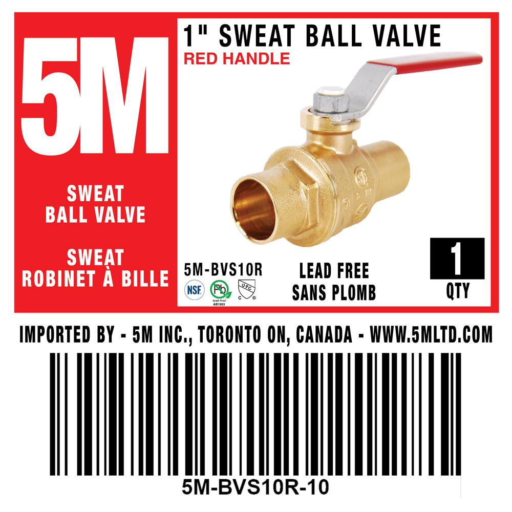 5M- 1" Sweat Ball Valve LF  - RED HANDLE - 5M-BVS10R
