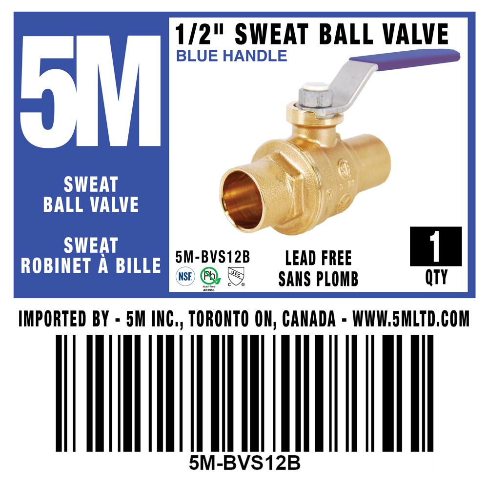 5M- 1/2" Sweat Ball Valve LF - BLUE HANDLE - 5M-BVS12B