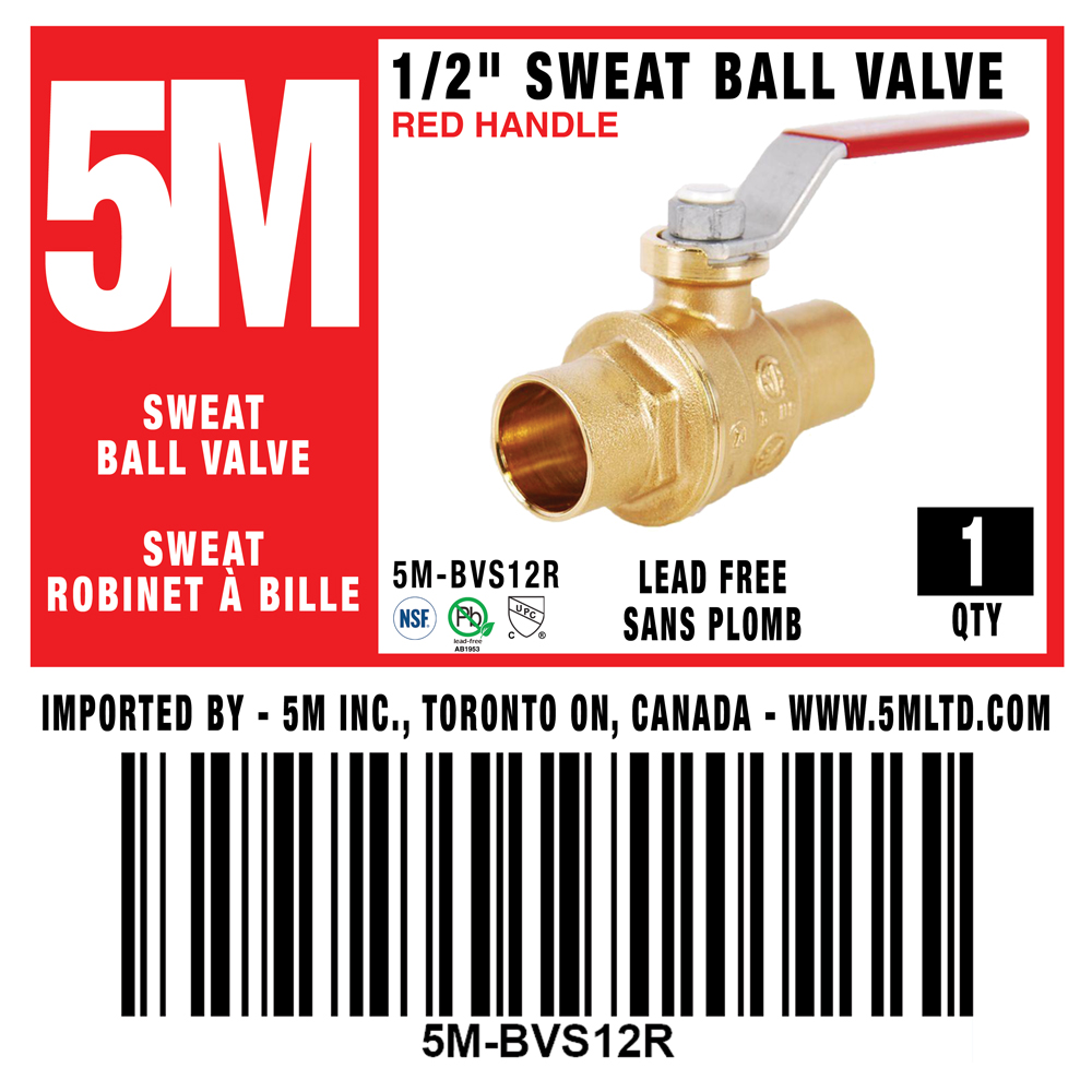 5M- 1/2" Sweat Ball Valve LF - RED HANDLE  - 5M-BVS12R
