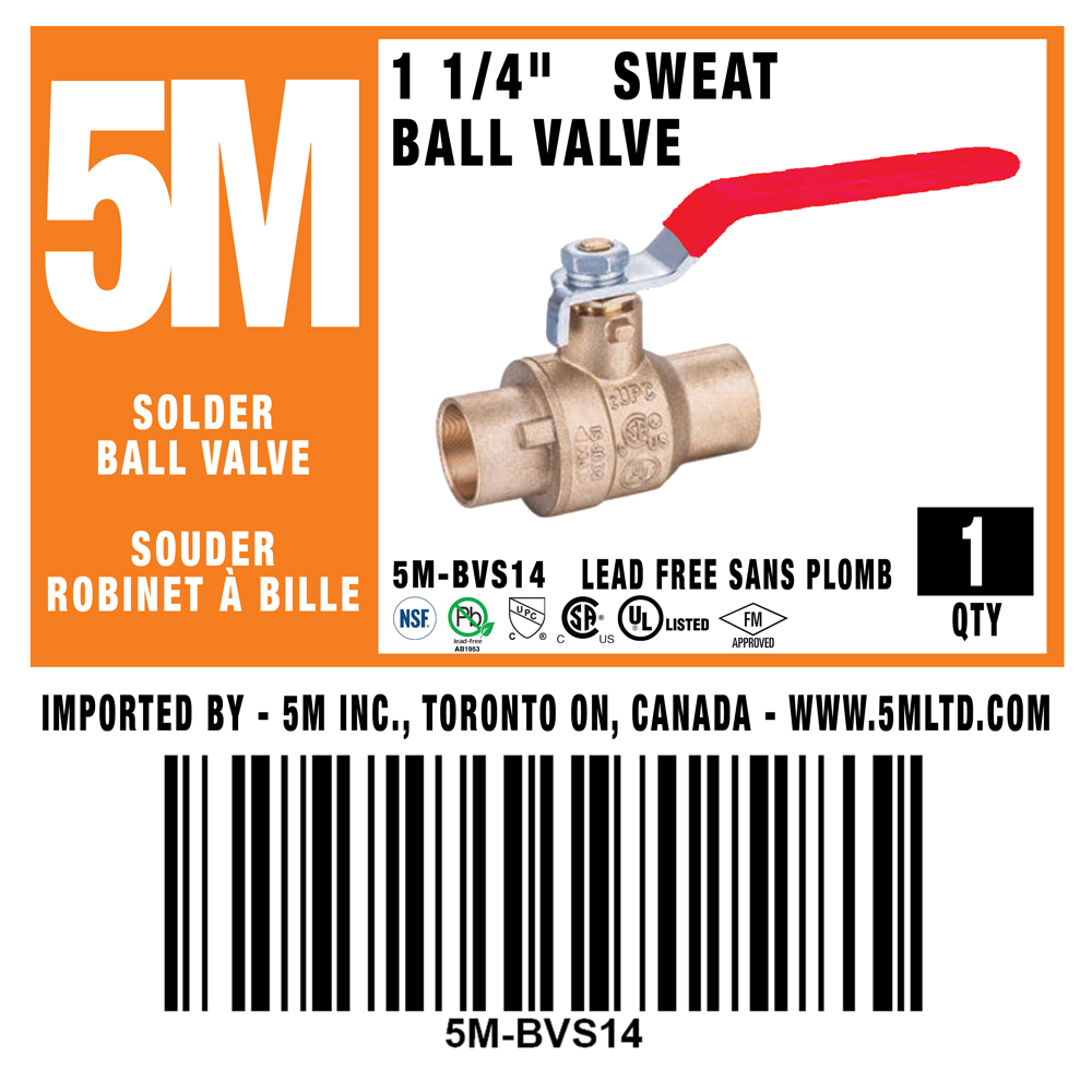 5M- 1-1/4" Sweat Ball Valve LF  - 5M-BVS14