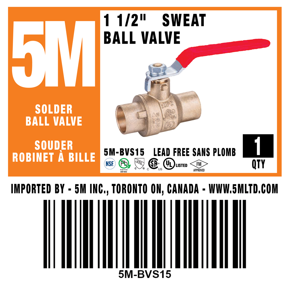 5M- 1-1/2" Sweat Ball Valve LF  - 5M-BVS15