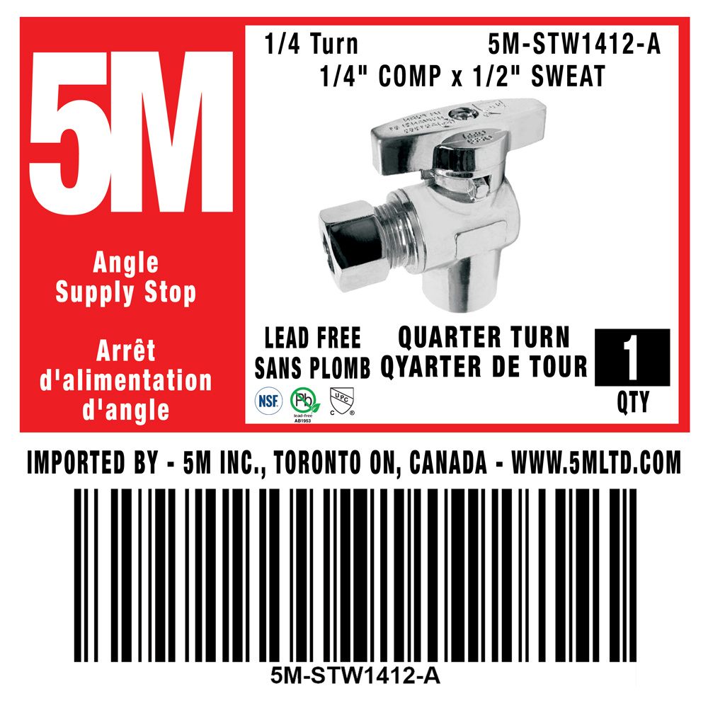 1/4 Turn Angle Stop VALVE w/ABS Straight Handle -1/4" Comp. X 1/2" Sweat - variation
